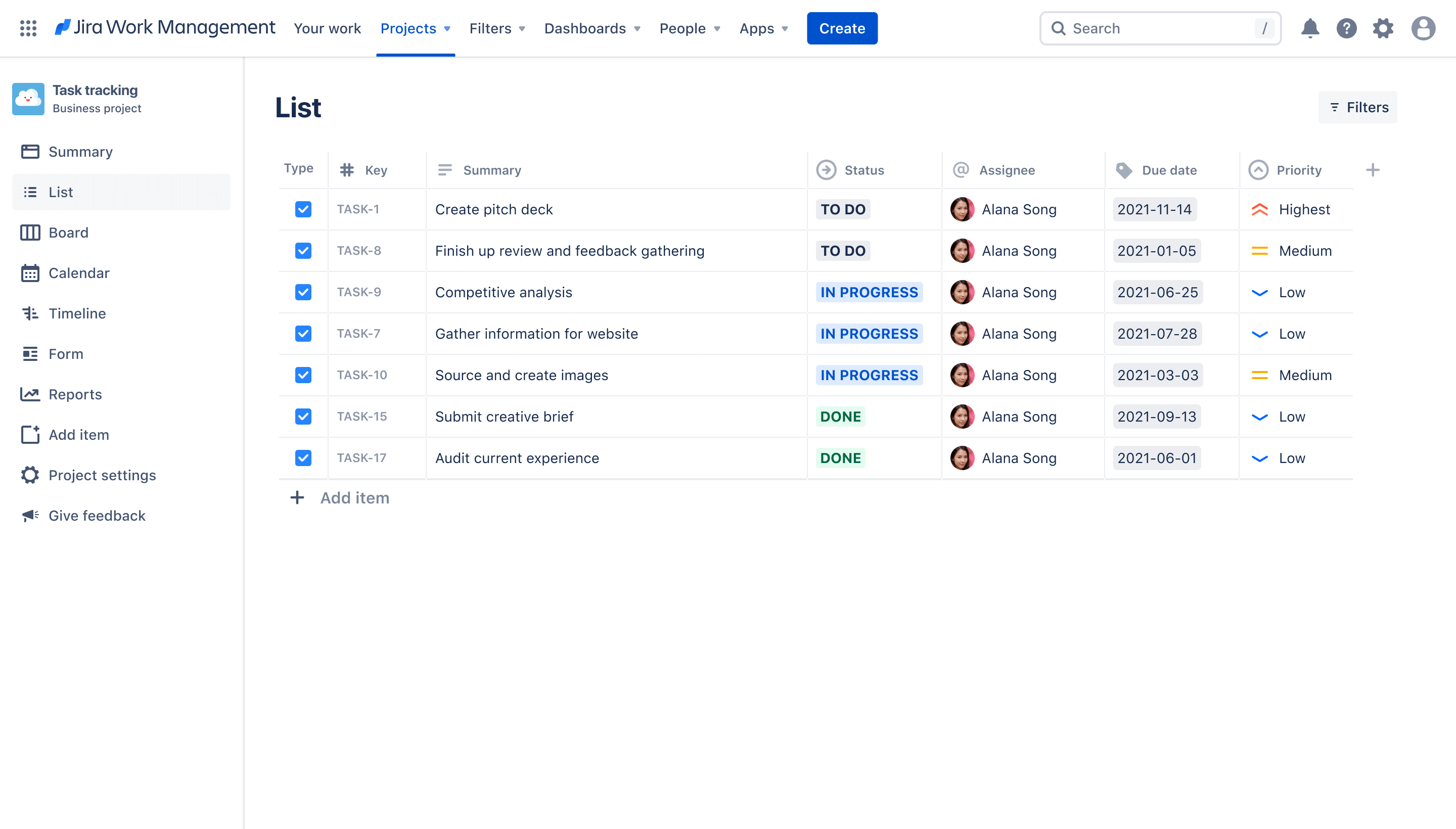 Widok listy śledzenia zadań w Jira Work Management